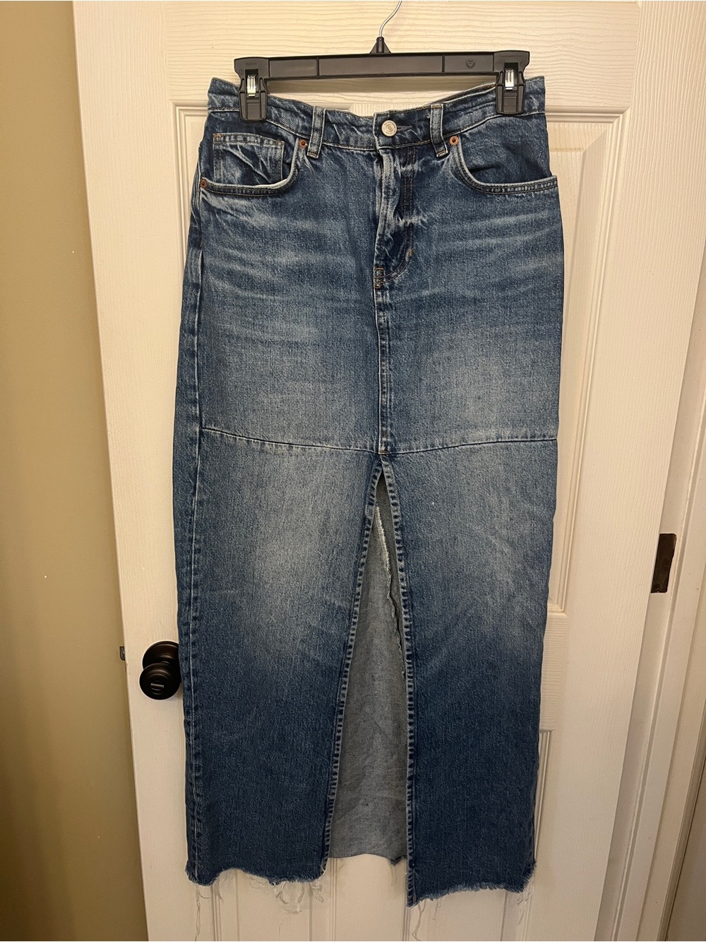 Reformation High Waist Frayed Blue Denim Maxi Skirt with Front Slit size 25